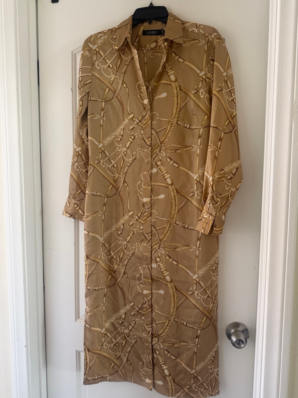 Ralph Lauren Beige-Tan Equestrian Print Midi Dress